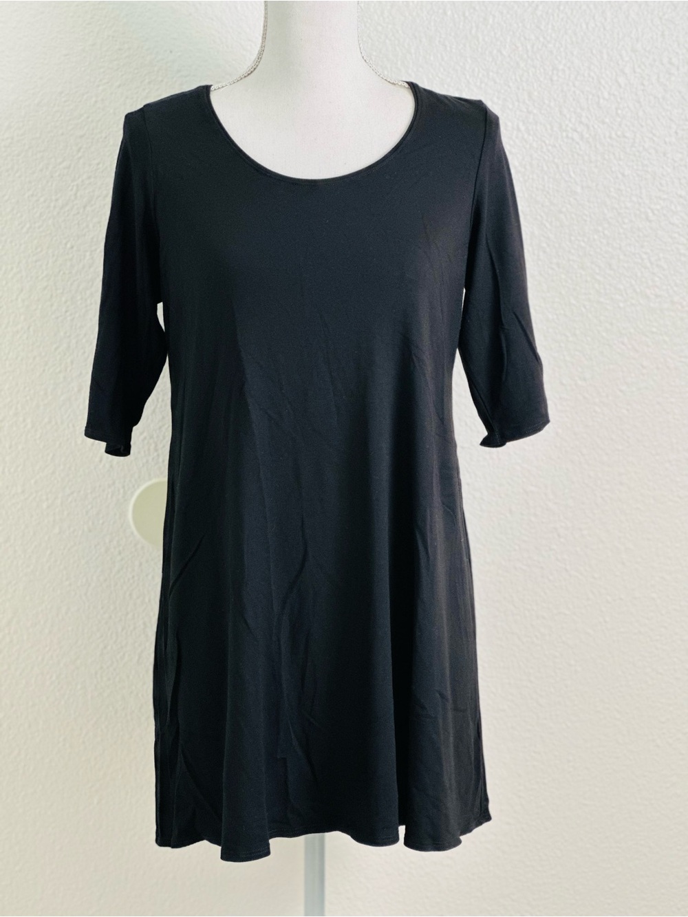 EILEEN FISHER Black Stretch Petite 3/4 Sleeve Pullover Short Dress Size PL
